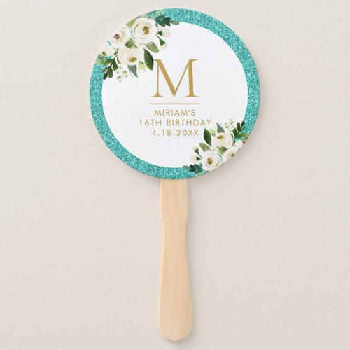 Teal Blue Glitter Gray Floral Monogram Hand Fan