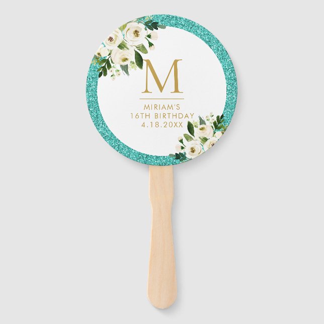 Teal Blue Glitter Gray Floral Monogram Hand Fan (Front)