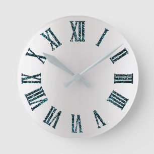 Teal Blue Glitter Gray Silver Ombre Minimal Black Round Clock