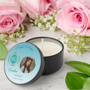Teal Blue Glitter Happy 20th Birthday, Photo Mini Candle Favors