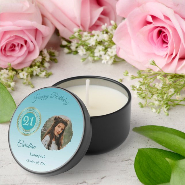 Teal Blue Glitter Happy 21st Birthday, Photo Mini Candle Favors (Insitu (Wedding))