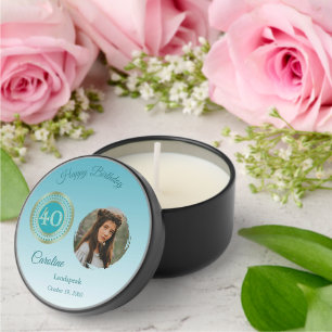 Teal Blue Glitter Happy 40th Birthday, Photo Mini Candle Favors