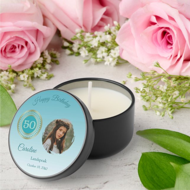 Teal Blue Glitter Happy 50th Birthday, Photo Mini Candle Favors (Insitu (Wedding))