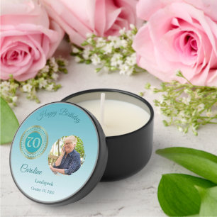 Teal Blue Glitter Happy 70th Birthday, Photo Mini Candle Favors