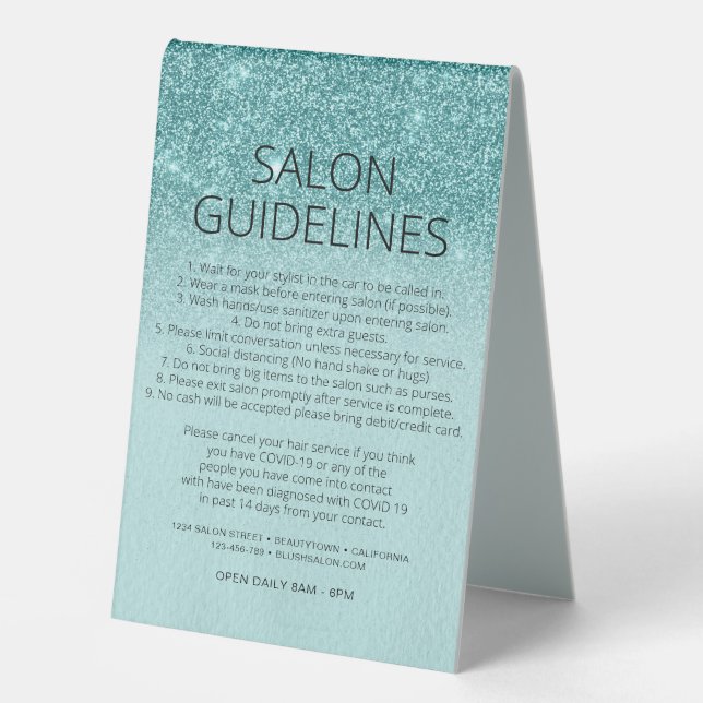 Teal Blue Glitter Health Safety Hair Salon Covid Table Tent (Front)
