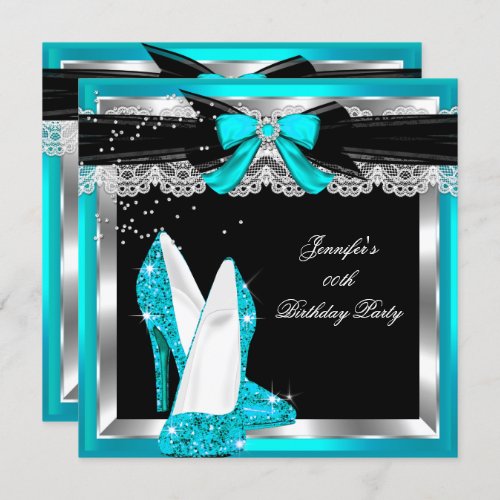 Teal Blue Glitter Hi Heels Silver Birthday Party Invitation