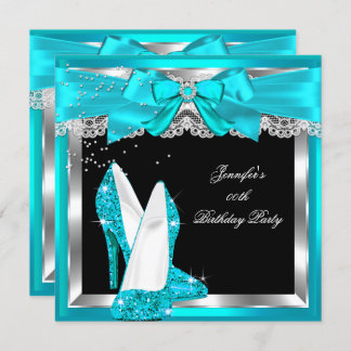 Teal Blue Glitter High Heel Silver Birthday Party Invitation