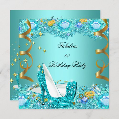 Teal Blue Glitter High Heels Fabulous Birthday Invitation
