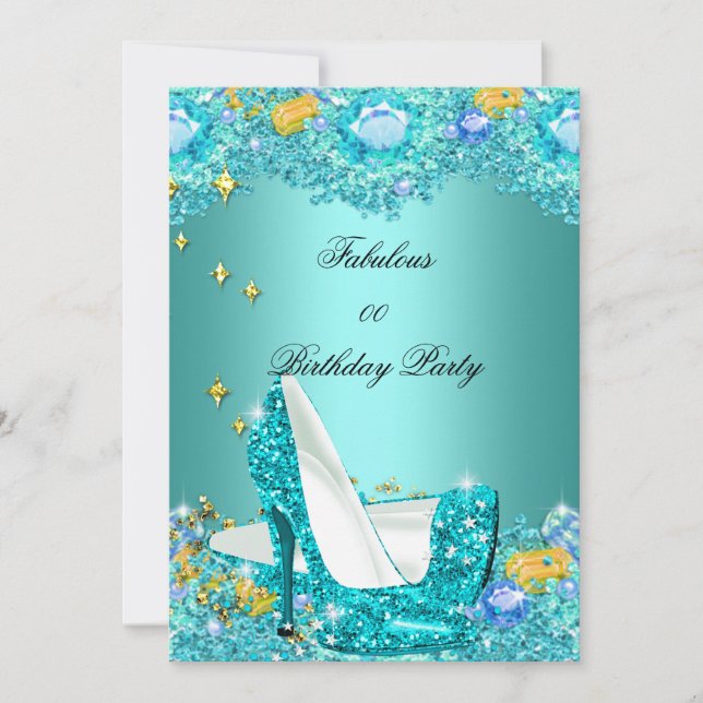 Teal Blue Glitter High Heels Fabulous Party Invitation (Front)