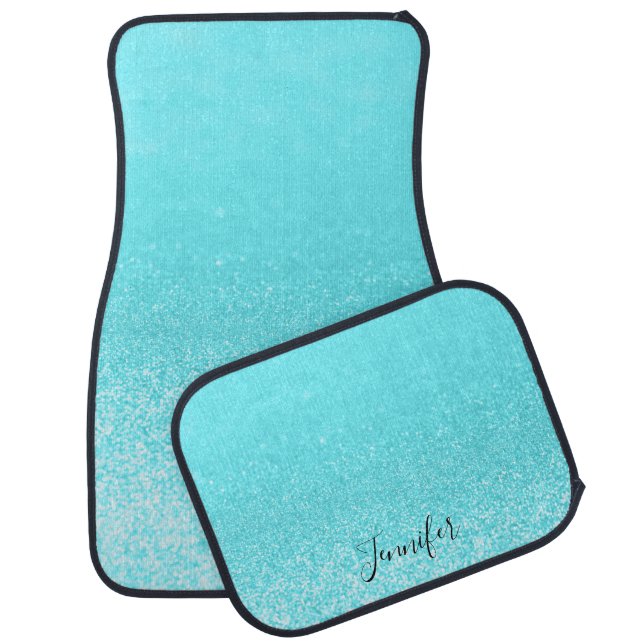 Teal Blue Glitter Lights Personalized Car Floor Mat (Set)