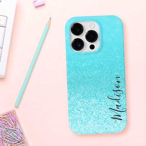 Teal Blue Glitter Lights Personalized iPhone 13 Pro Case