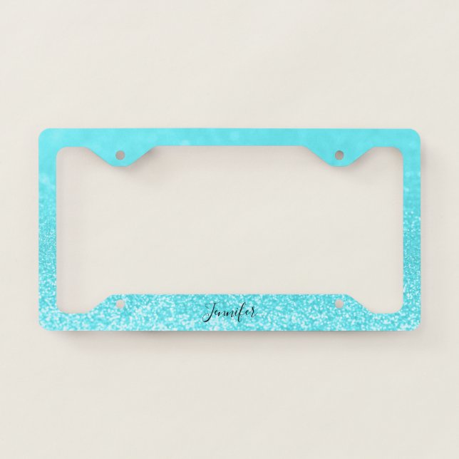 Teal Blue Glitter Lights Personalized License Plate Frame (Front)