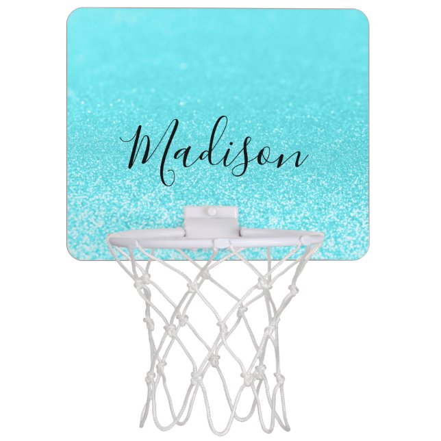 Teal Blue Glitter Lights Personalized Mini Basketball Hoop (Front)