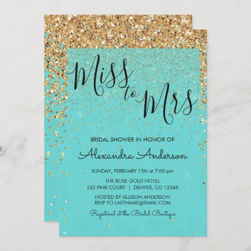 Teal Blue Glitter Miss to Mrs Bridal Shower Invitation