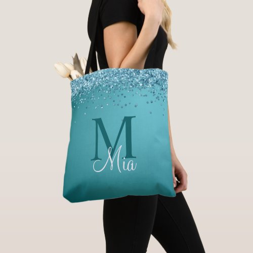 Teal Blue Glitter Monogram Personalized Name Tote Bag
