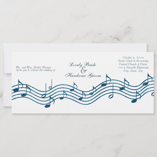 Teal Blue Glitter Music Long Wedding Invitation (Front)