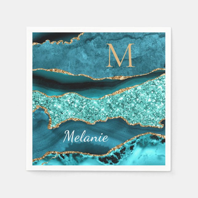 Teal Blue Glitter Napkins Custom Name and Letter (Front)