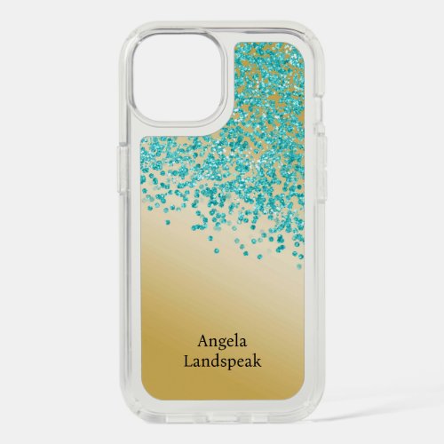 Teal Blue Glitter on Shiny Gold   Monogrammed iPhone 15 Case