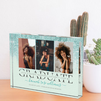 Teal Blue Glitter | Pandemic Graduate Photo Block by IYHTVDesigns at Zazzle