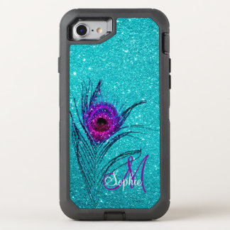 Teal Blue Glitter - Peacock Plume Personalized OtterBox Defender iPhone SE/8/7 Case