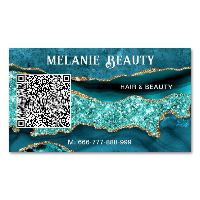 Teal Blue Glitter QR Code Business Card Magnet (Front)