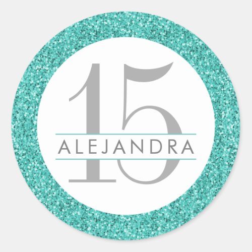 Teal Blue Glitter Quince Aos Favor Sticker Label