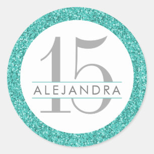 Teal Blue Glitter Quince Años Favor Sticker Label