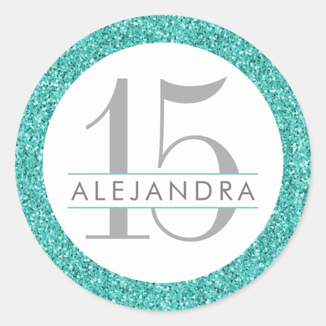 Teal Blue Glitter Quince Años Favor Sticker Label (Front)