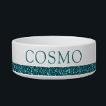Teal Blue Glitter Sparkle Pet Name Bowl<br><div class="desc">Rich teal blue printed glitter stripe with dark turquoise blue custom cat or dog name. Enter any personalized text you like for a girly,  sparkly pet food or water bowl. See our collection of coordinating bowls and get a set!</div>