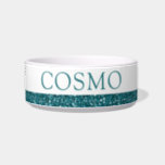 Teal Blue Glitter Sparkle Pet Name Bowl<br><div class="desc">Rich teal blue printed glitter stripe with dark turquoise blue custom cat or dog name. Enter any personalized text you like for a girly,  sparkly pet food or water bowl. See our collection of coordinating bowls and get a set!</div>