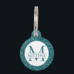 Teal Blue Glitter Sparkly Monogram Pet ID Tag<br><div class="desc">Teal Blue-Green glitter printed background with custom cat or dog name and monogram. Just type in your personalized text for a Christmas or school colors pet ID collar charm. See our collection of coordinating bowls and get a set!</div>