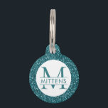 Teal Blue Glitter Sparkly Monogram Pet ID Tag<br><div class="desc">Teal Blue-Green glitter printed background with custom cat or dog name and monogram. Just type in your personalized text for a Christmas or school colors pet ID collar charm. See our collection of coordinating bowls and get a set!</div>