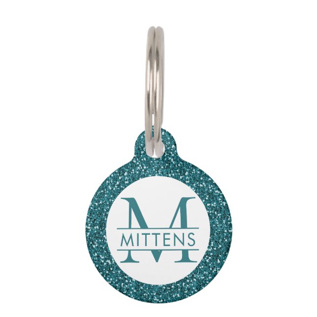 Teal Blue Glitter Sparkly Monogram Pet ID Tag (Front)