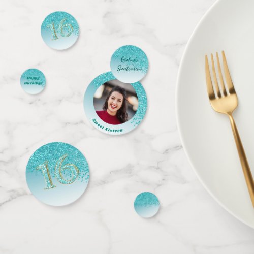 Teal Blue Glitter Sweet 16 Birthday Photo Confetti