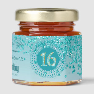 Teal Blue Glitter & Unique number 16 Decoration Honey Jar Favors