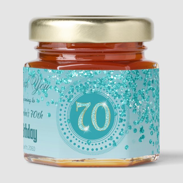 Teal Blue Glitter & Unique number 70 Decoration Honey Jar Favors (Front)