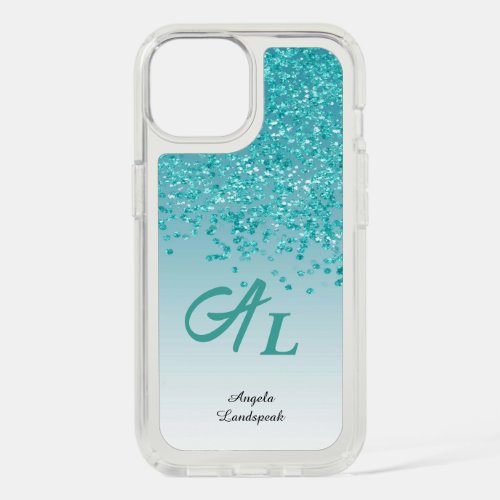 Teal Blue Glitter with Big Initials  Name iPhone 15 Case