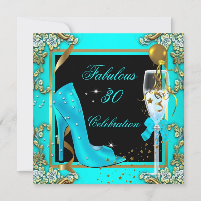 Teal Blue Gold 30th High Heels Birthday Party Invitation (Front)