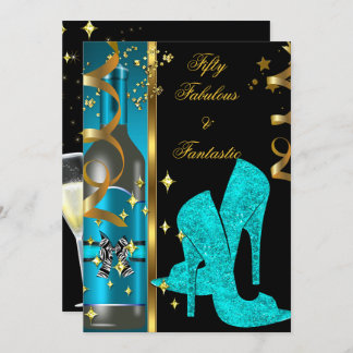 Teal Blue Gold 50 & Fabulous Fantastic Birthday Invitation