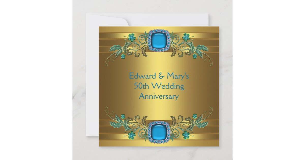 Teal Blue Gold 50th Wedding Anniversary Party Invitation | Zazzle