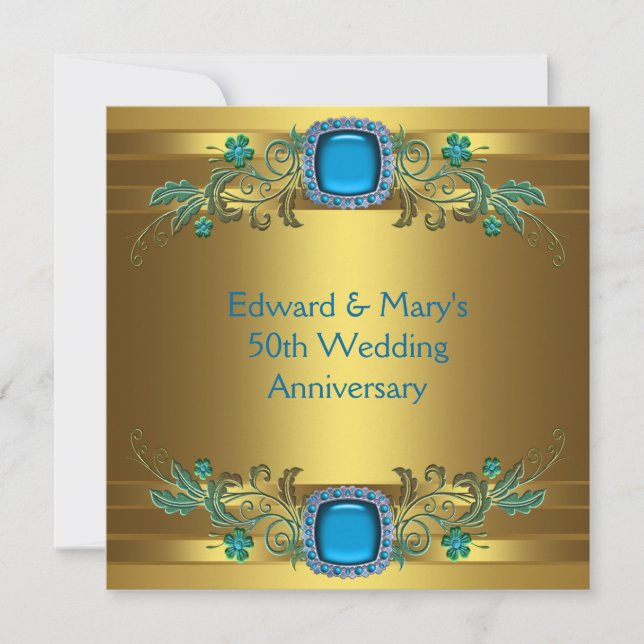 Teal Blue Gold 50th Wedding Anniversary Party Invitation (Front)
