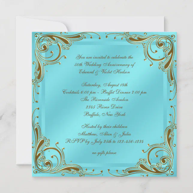 Teal Blue Gold 50th Wedding Anniversary Party Invitation | Zazzle