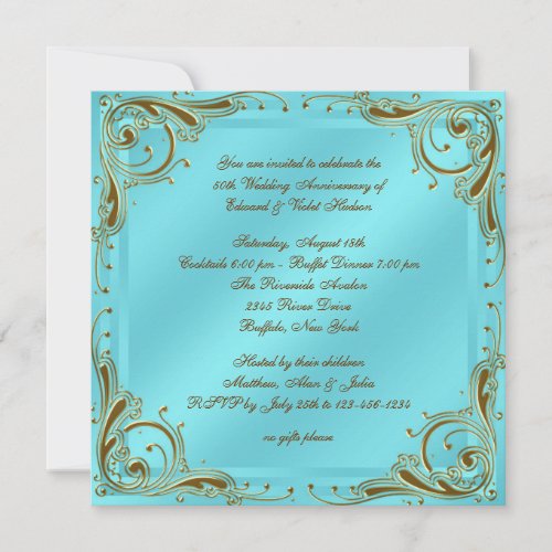 Teal Blue Gold 50th Wedding Anniversary Party Personalized Invitations