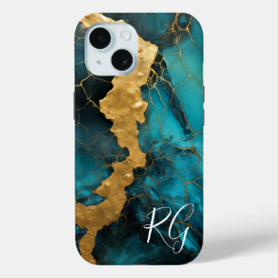 Teal Blue Gold Abstract Marble Monogram iPhone 15 Case