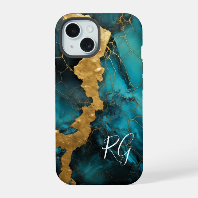 Teal Blue Gold Abstract Marble Monogram Iphone Case (Back)