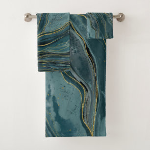 Teal Blue Gold Abstract Watercolor Waves Bath Towel Set