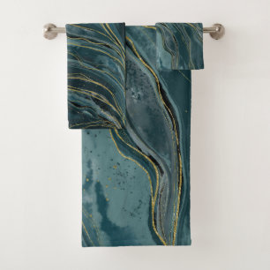 Teal Blue Gold Abstract Watercolor Waves Bath Towel Set