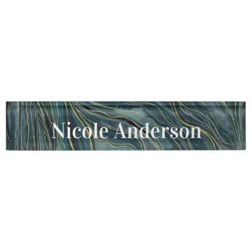 Teal Blue Gold Abstract Watercolor Waves Desk Name Plate