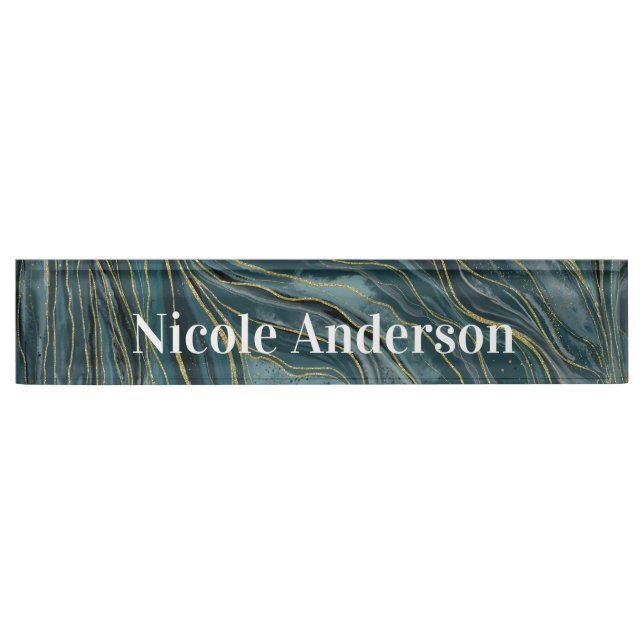 Teal Blue Gold Abstract Watercolor Waves Desk Name Plate (Front)