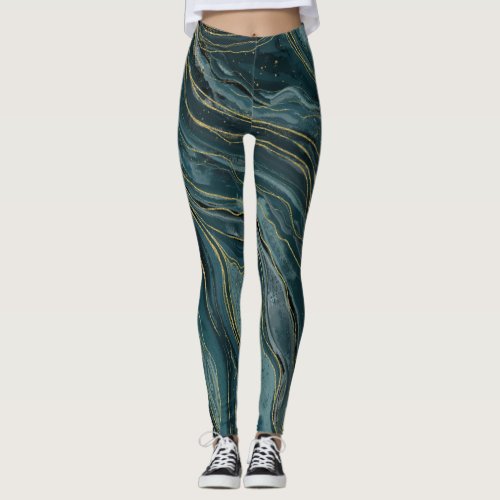 Teal Blue Gold Abstract Watercolor Waves Leggings